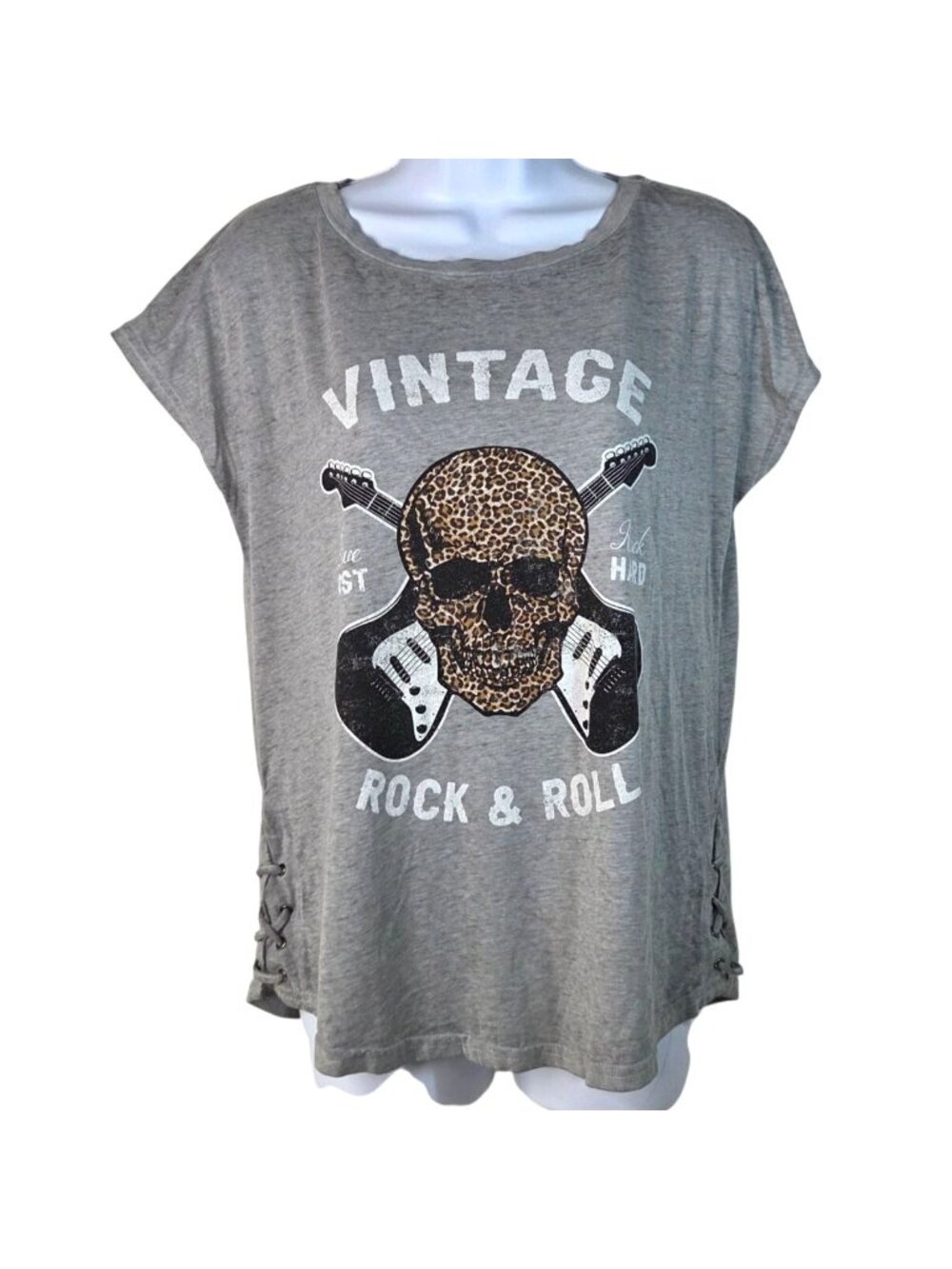 Wild Kiss Gray Vintage Rock & Roll Leopard Skull Graphic T-Shirt W/ Lace-Up Side